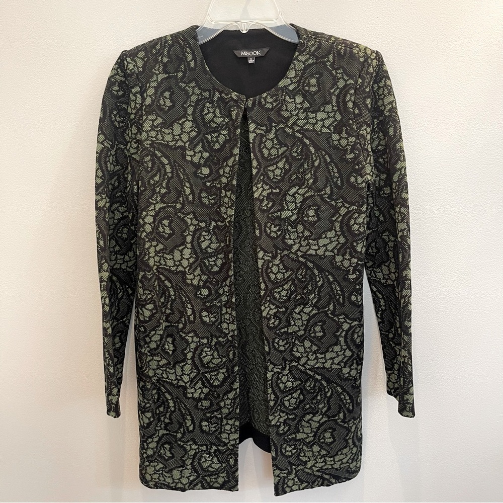 Misook Heritage Fit Open Front Cardigan Jacket Green Black Lace Sweater Small